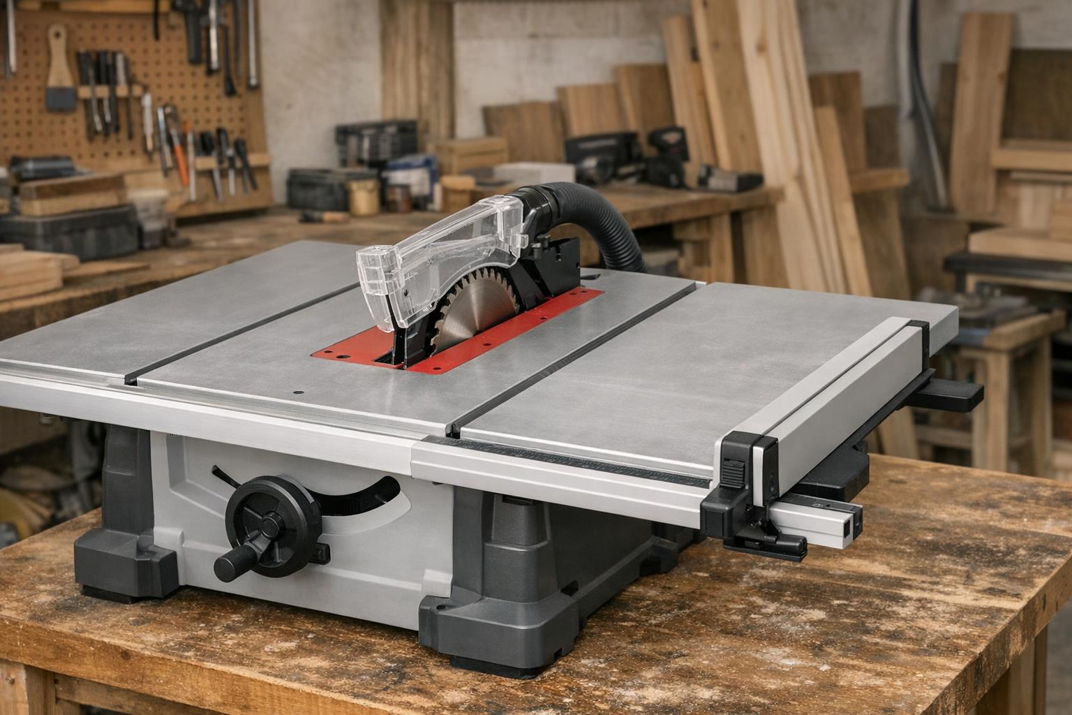 Pilarka stołowa na warsztacie z widocznym blatem i prowadnicą