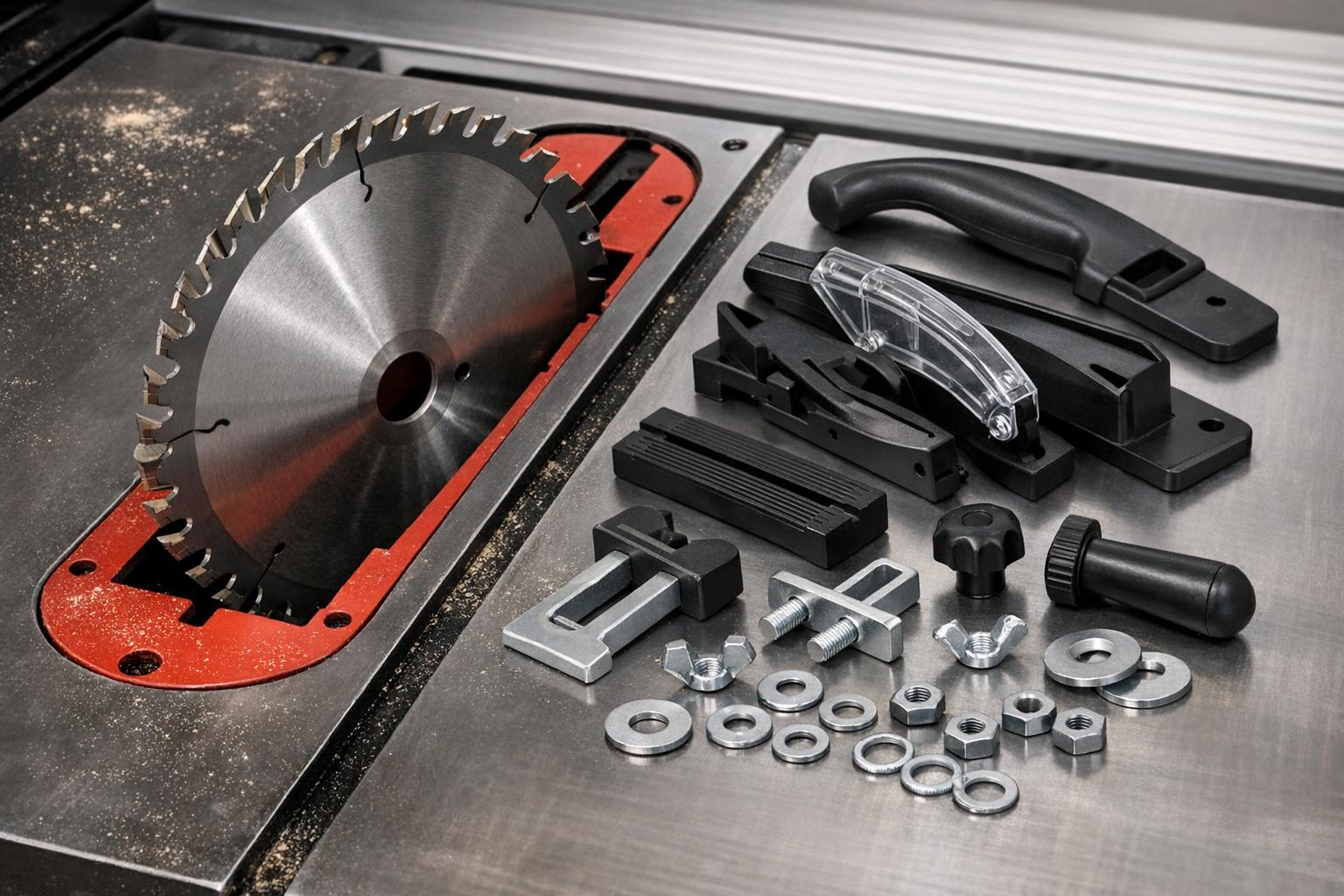 Zbliżenie na tarczę pilarki stołowej i akcesoria montażowe