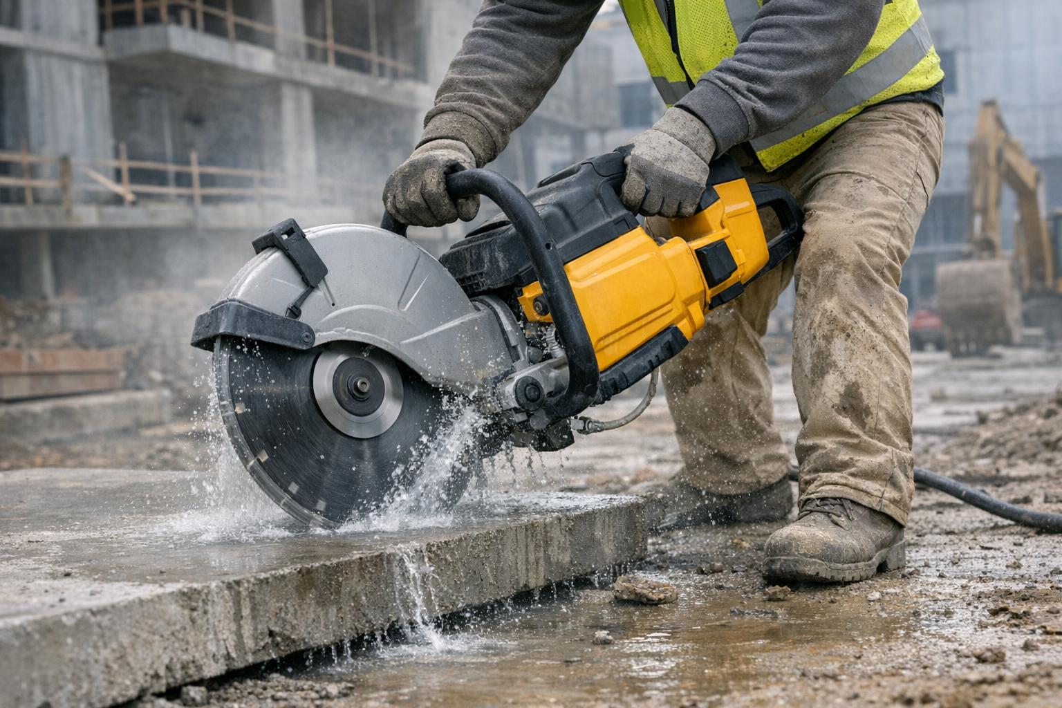 Zdjęcie przecinarki Dewalt na budowie, tnie beton