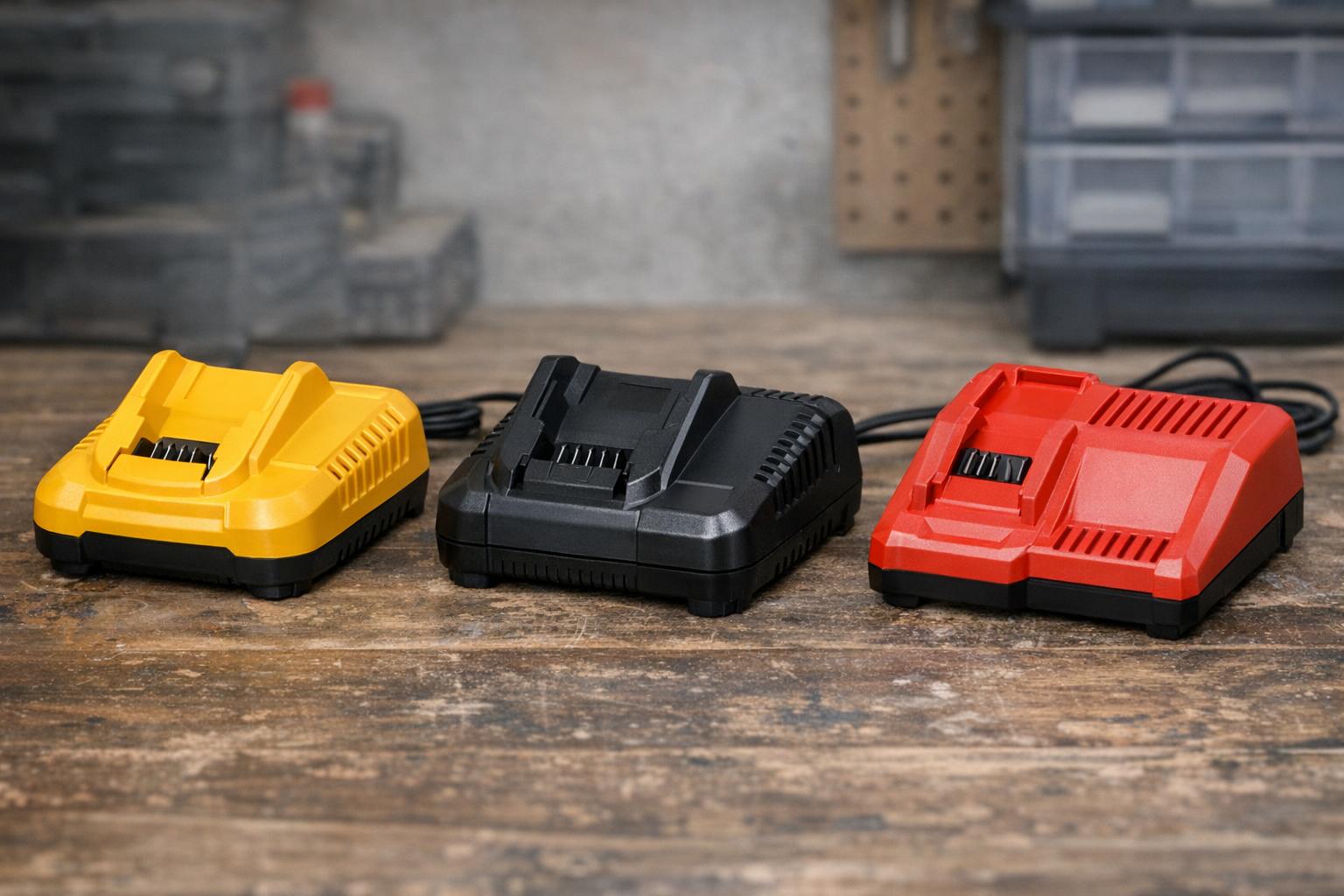 zdjęcie porównania ładowarek Dewalt, Bosch, Milwaukee
