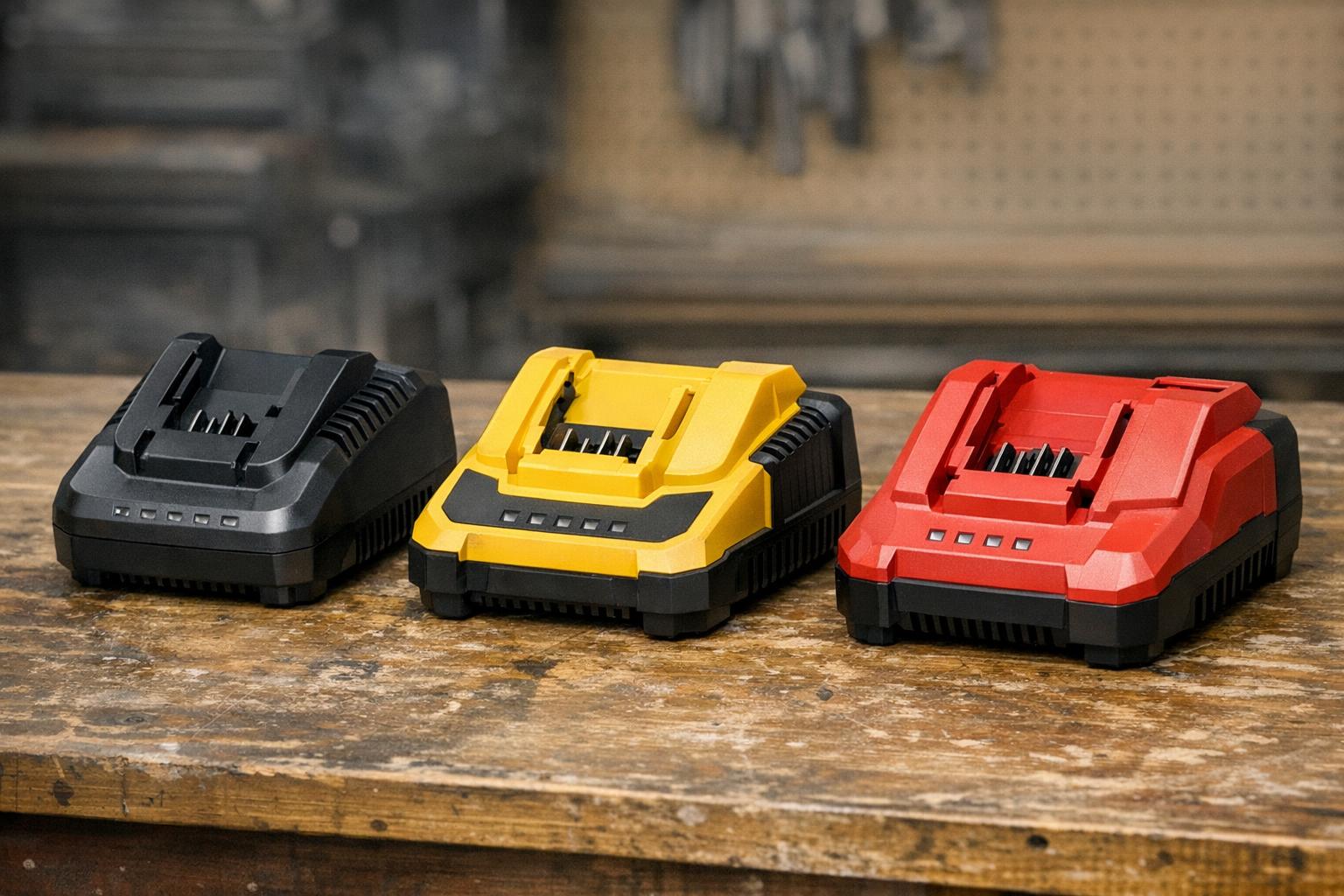 zdjęcie: porównanie trzech ładowarek Bosch Dewalt Milwaukee na stole